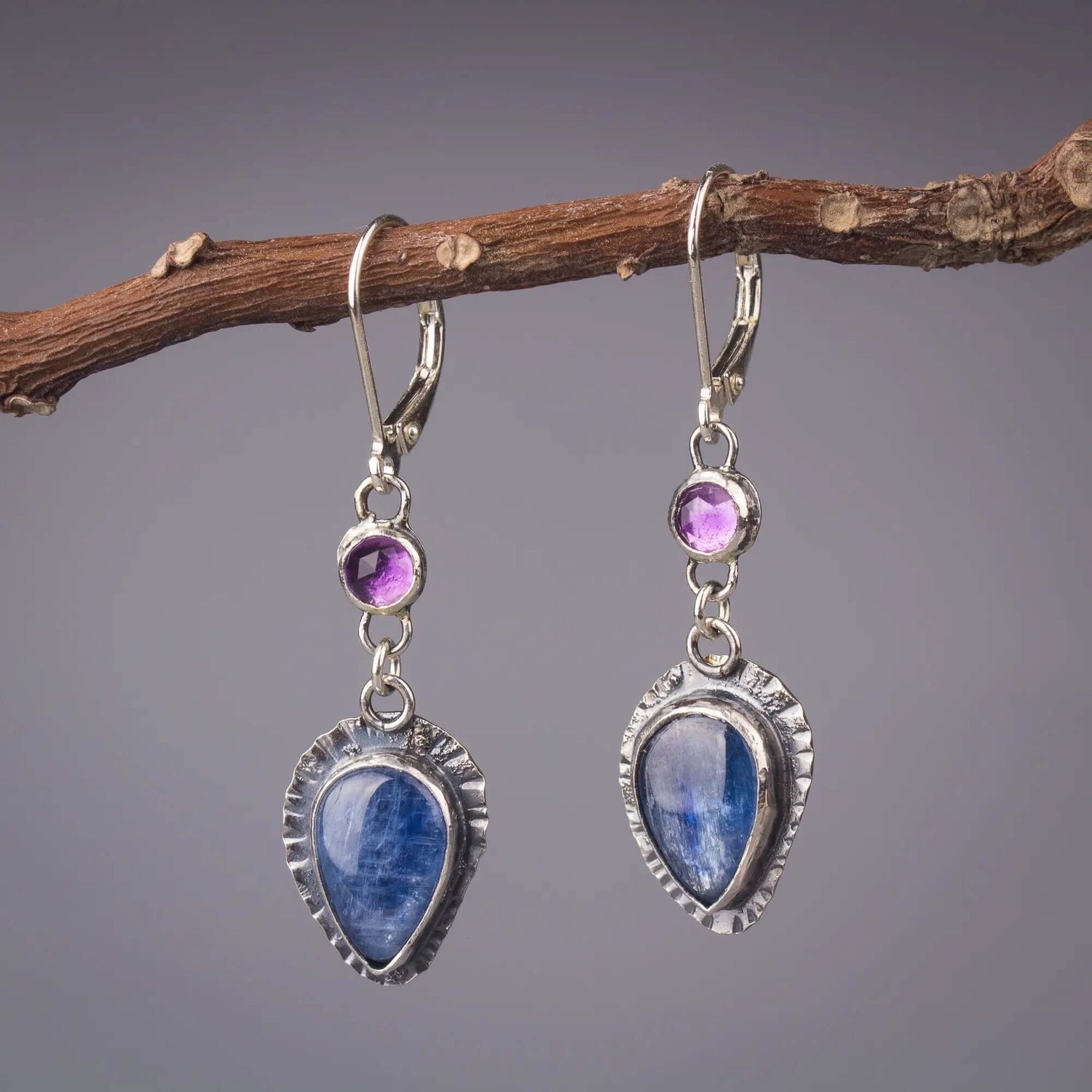 Kyanite and amethyst dangling earrings in silver