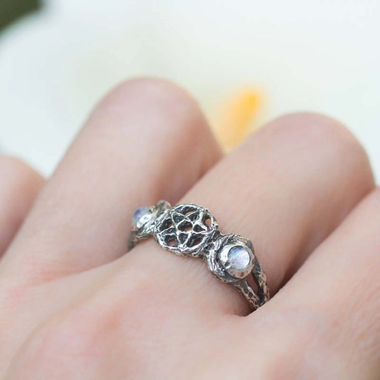 Nature rings collection, pentagram delicate ring with 2 moonstone gemstones on the sides. 