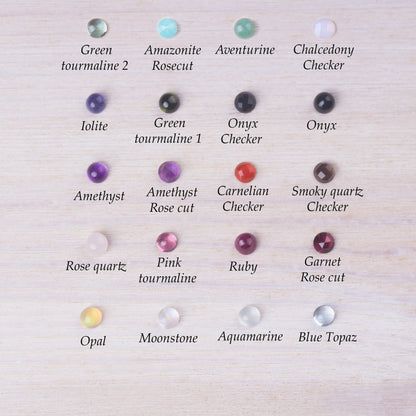 A selection of 20 gemstone samples labeled with names including Green Tourmaline, Amethyst, Ruby, Opal, Moonstone, and more on a light wood background.