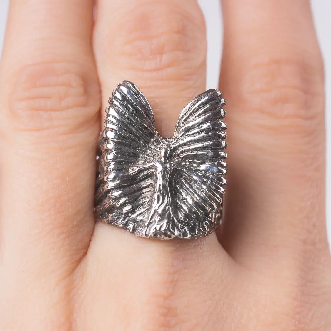 Sterling Silver Angel Ring with Winged Design on Finger, Artistic Guardian Angel Statement Jewelry Piece