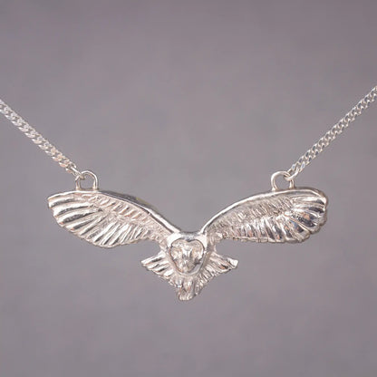 Barn Owl Statement Pendant in Silver, Flying Owl, Spirit Animal Necklace