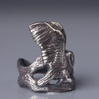 Sterling silver Barn Owl ring with large owl spreading wings on a branch, hand-carved bird statement ring for men and women.