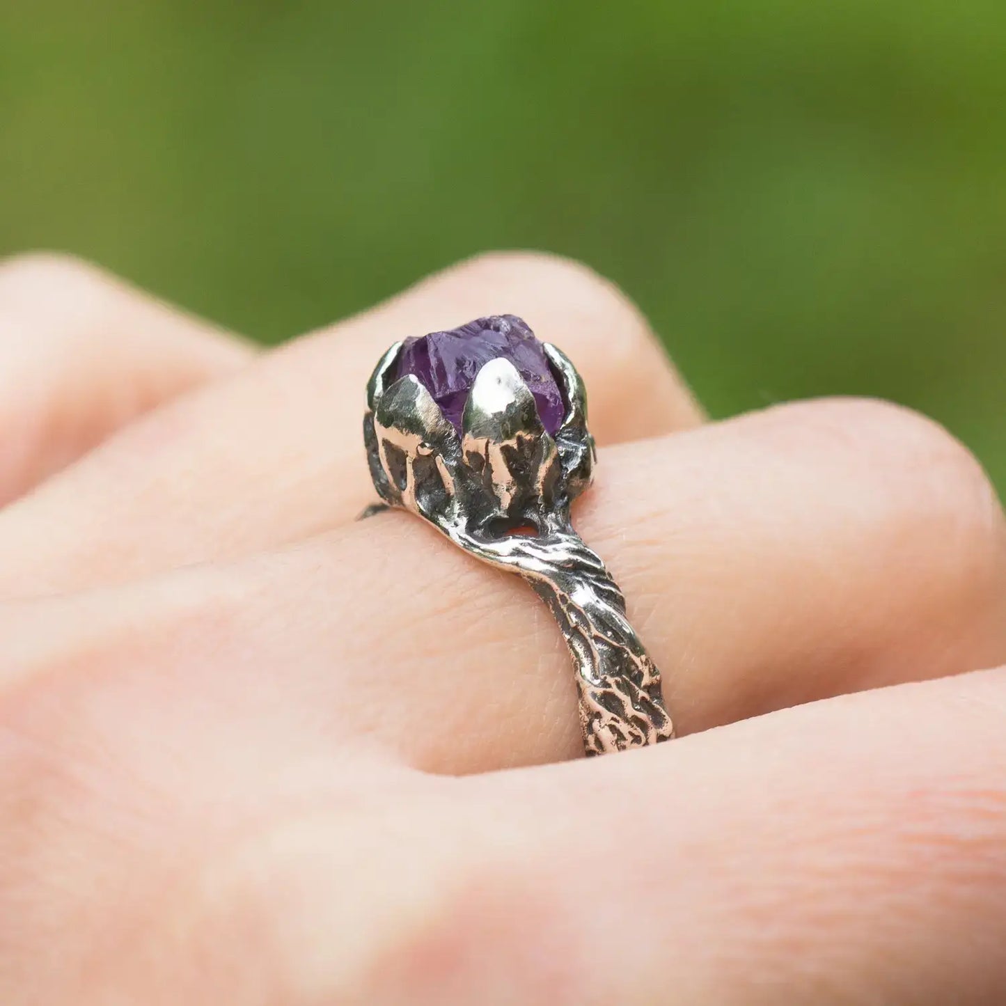 Raw Amethyst Sterling Silver Twig Ring, Witchy Woodland Jewelry