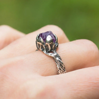 Raw Amethyst Sterling Silver Twig Ring, Witchy Woodland Jewelry