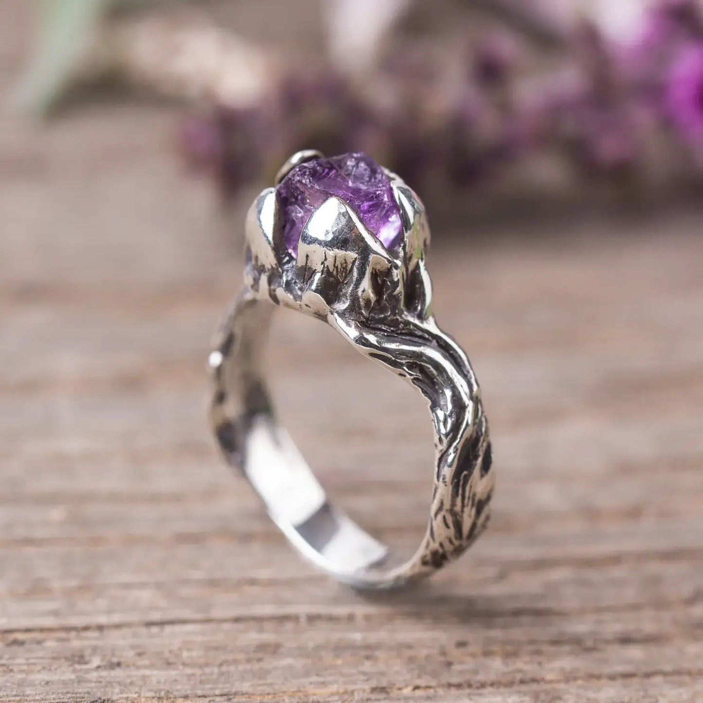 Raw Amethyst Sterling Silver Twig Ring, Witchy Woodland Jewelry