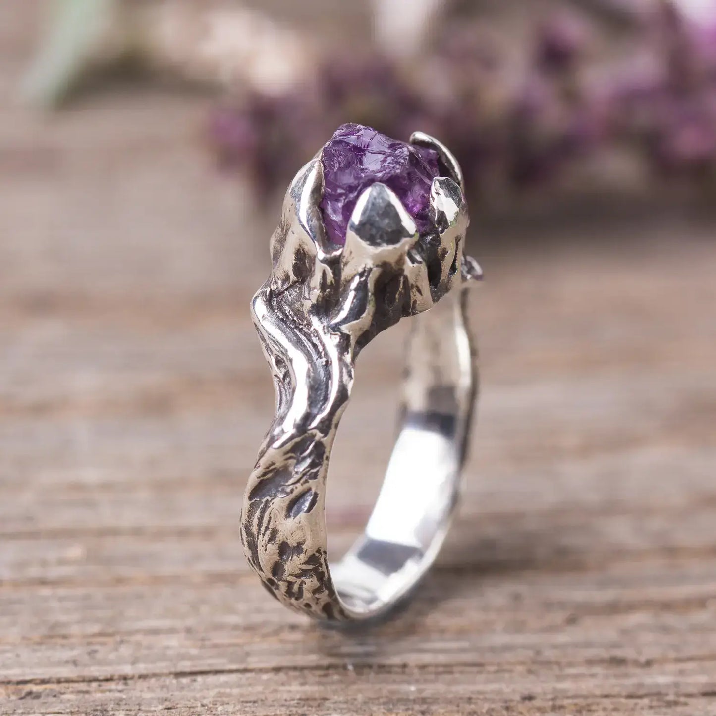 Raw Amethyst Sterling Silver Twig Ring, Witchy Woodland Jewelry