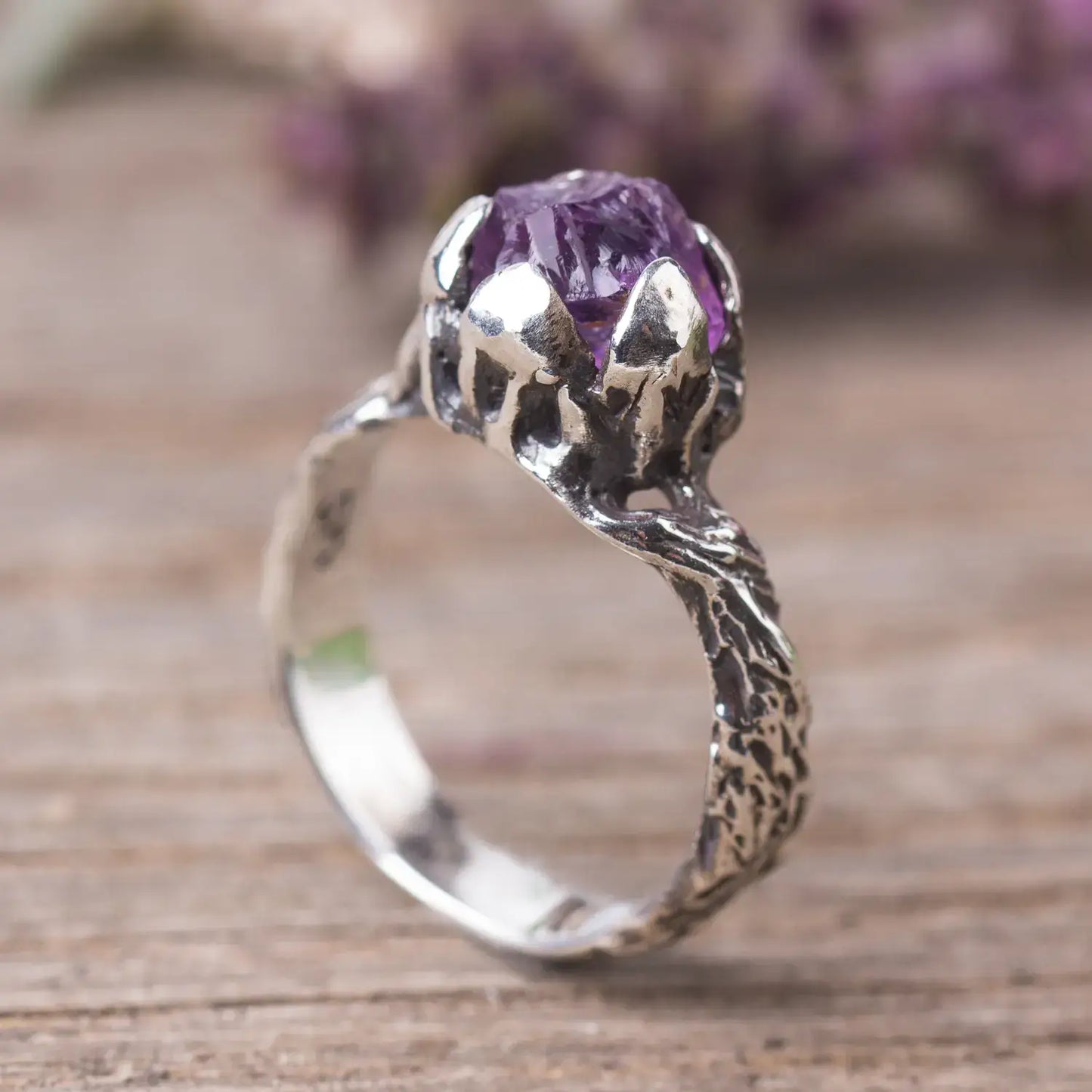 Raw Amethyst Sterling Silver Twig Ring, Witchy Woodland Jewelry