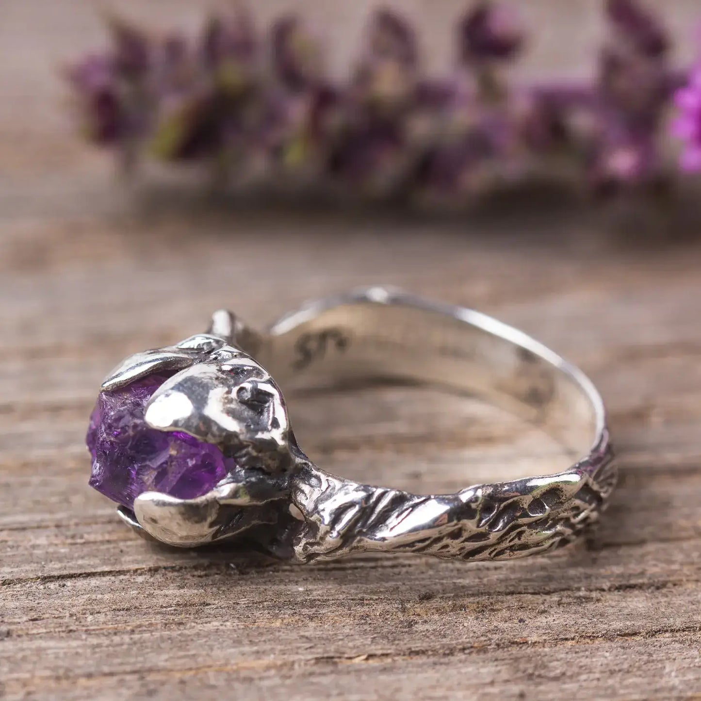 Raw Amethyst Sterling Silver Twig Ring, Witchy Woodland Jewelry