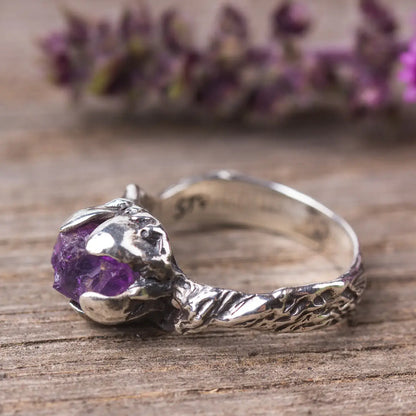 Raw Amethyst Sterling Silver Twig Ring, Witchy Woodland Jewelry