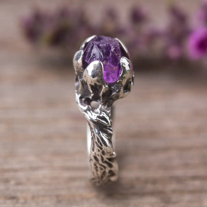 Raw Amethyst Sterling Silver Twig Ring, Witchy Woodland Jewelry