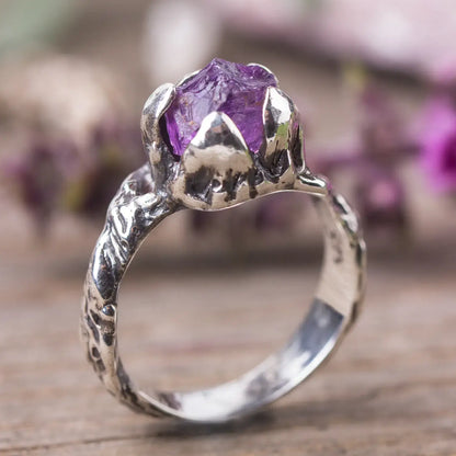 Raw Amethyst Sterling Silver Twig Ring, Witchy Woodland Jewelry