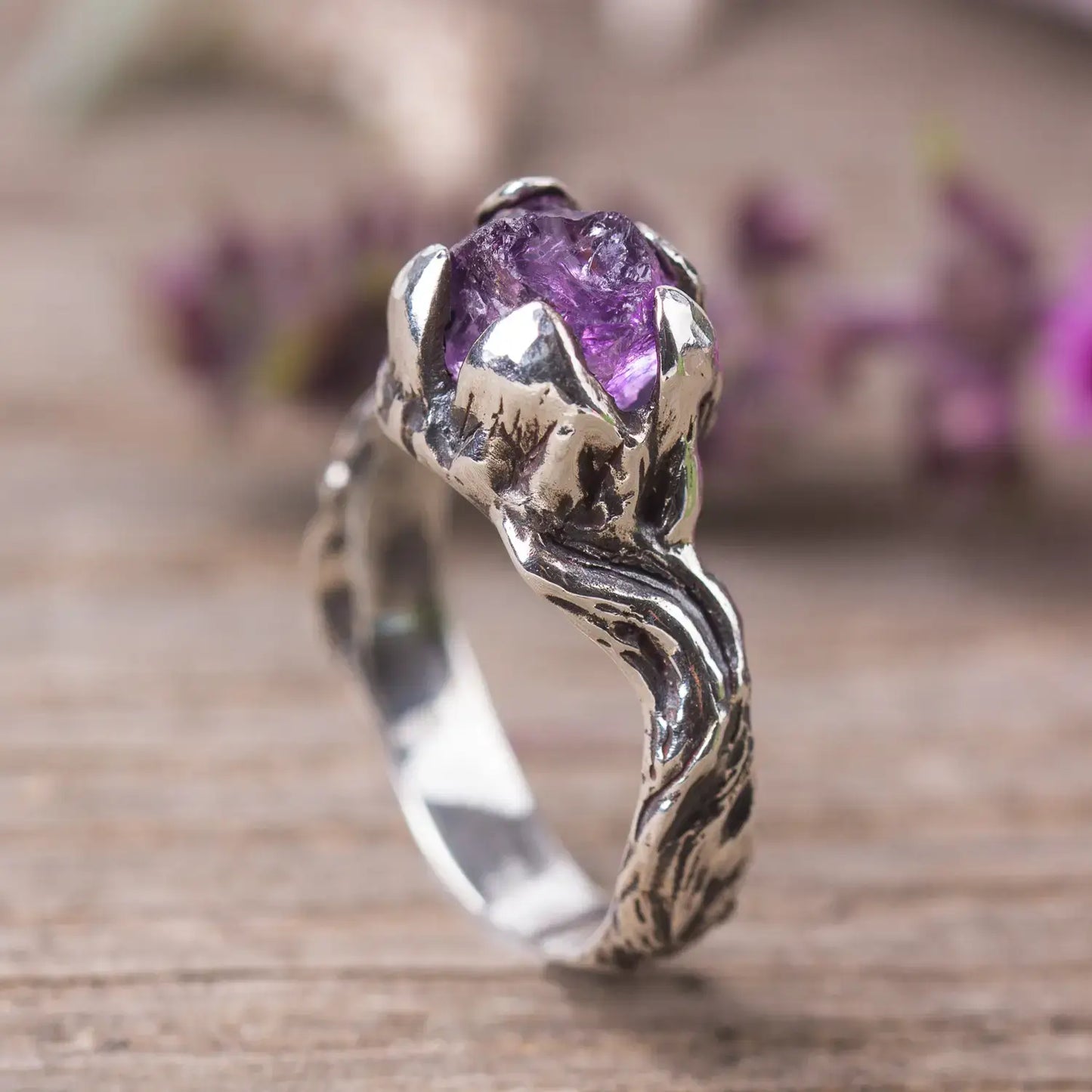 Raw Amethyst Sterling Silver Twig Ring, Witchy Woodland Jewelry