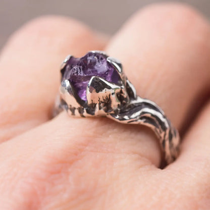 Raw Amethyst Sterling Silver Twig Ring, Witchy Woodland Jewelry