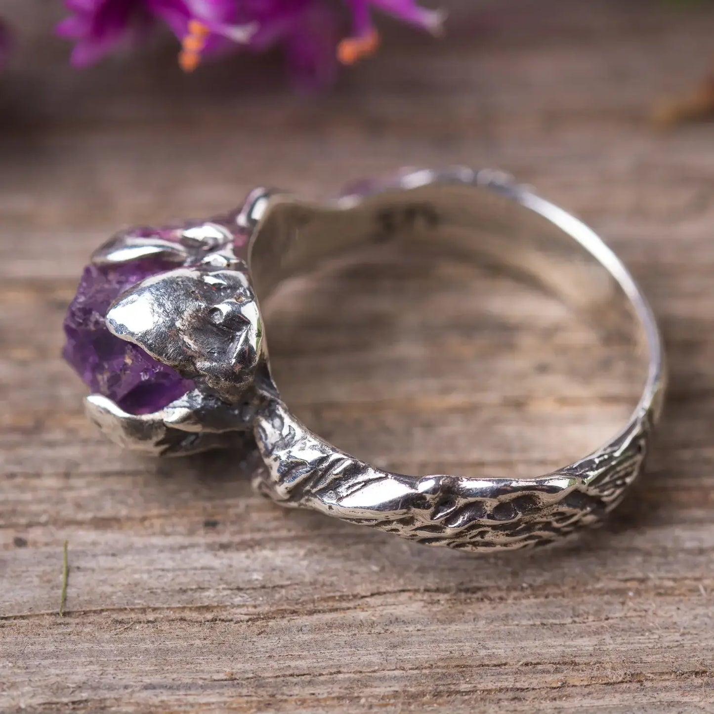 Raw Amethyst Sterling Silver Twig Ring, Witchy Woodland Jewelry