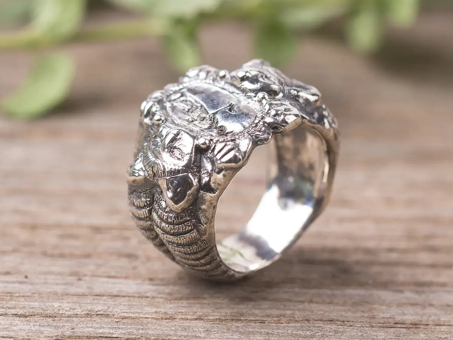 Roman Etruscan antique style sterling silver signet ring with lion and goddess engravings, a handmade artisan statement piece.