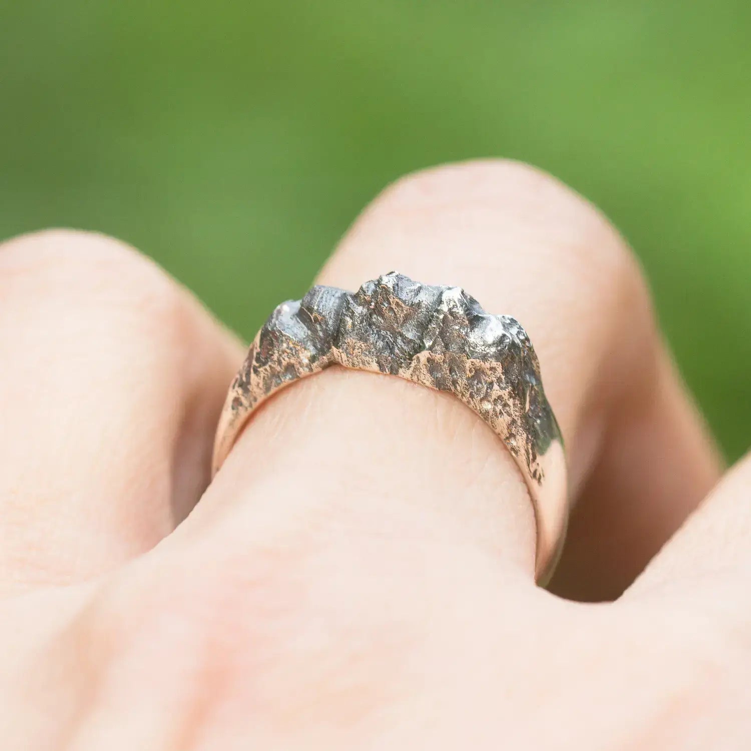 Sterling silver mountain range ring with textured rock design, perfect for women who love nature-inspired jewelry.