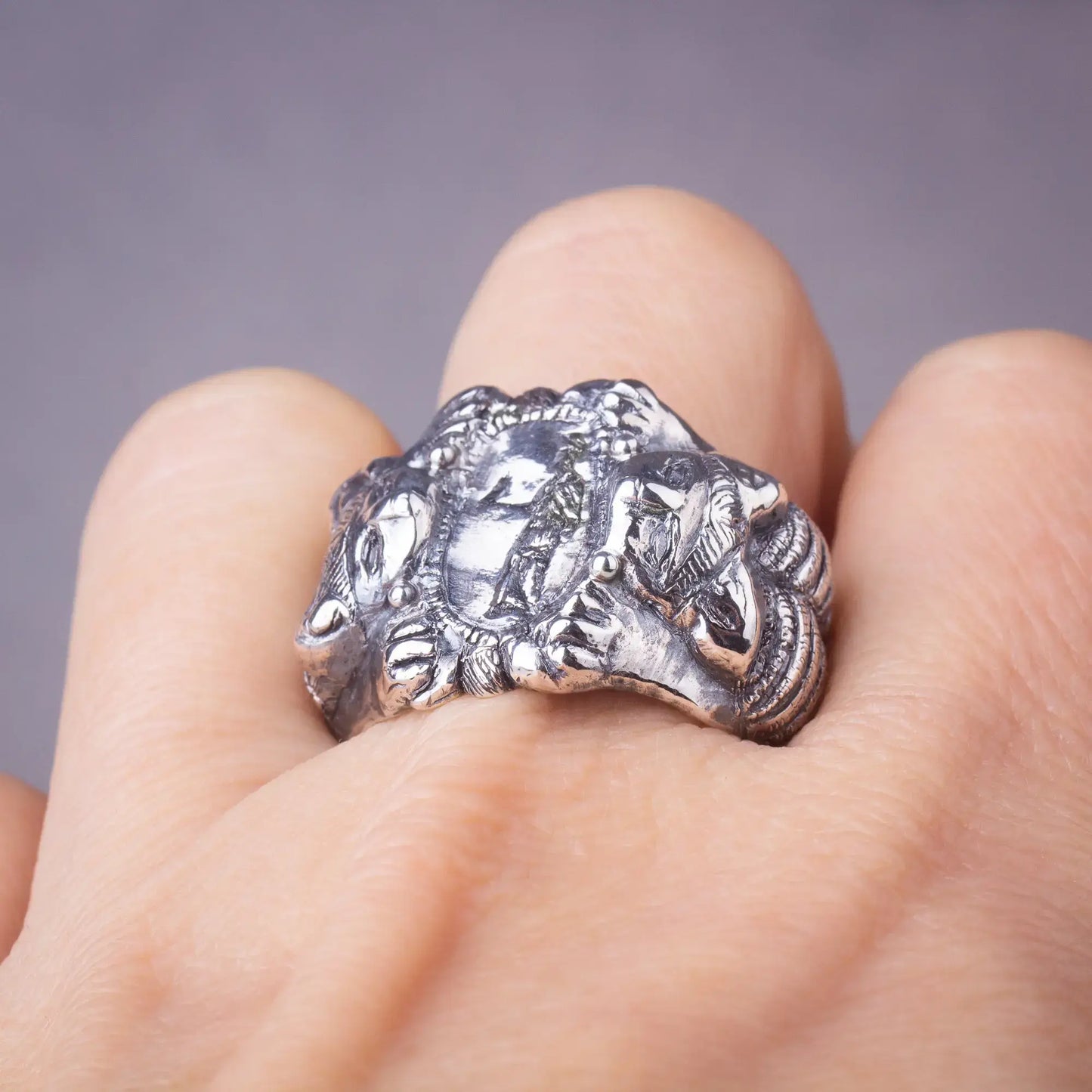 Roman Etruscan antique style ring with lions and goddess, sterling silver signet statement unisex ring, handmade artisan mythology piece.