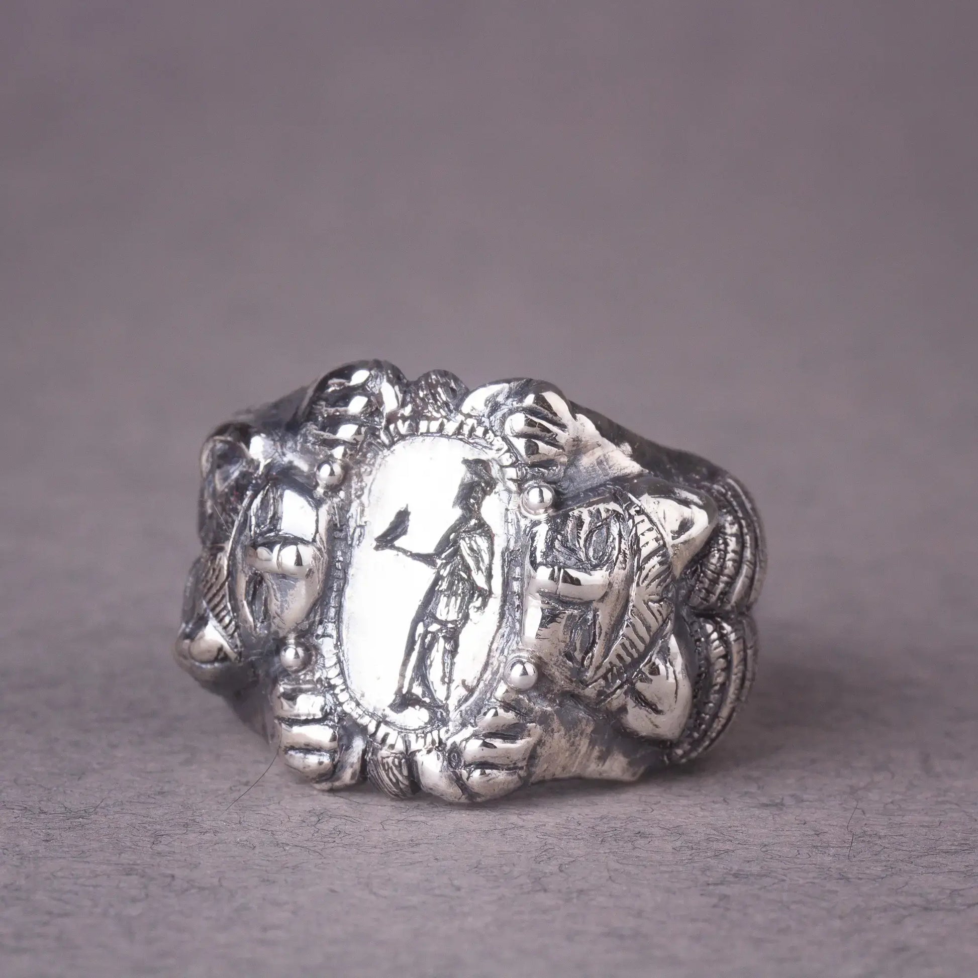 Roman Etruscan Antique Style Sterling Silver Signet Ring with Lions and Goddess Engraving, Handmade Artisan Statement Ring