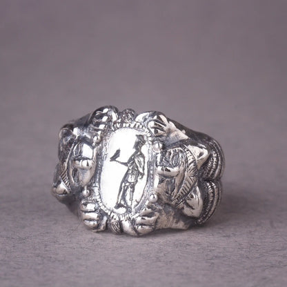 Roman Etruscan Antique Style Sterling Silver Signet Ring with Lions and Goddess Engraving, Handmade Artisan Statement Ring