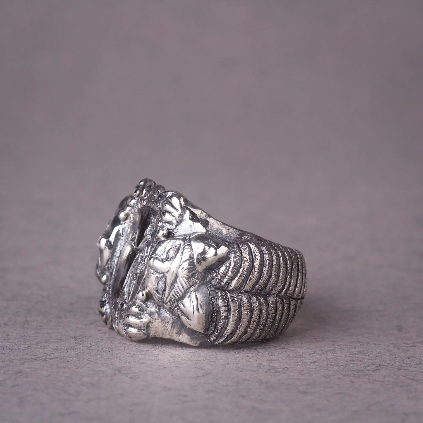 Roman Etruscan antique style sterling silver signet ring featuring intricate lion designs and goddess engraving, mythology artisan ring.