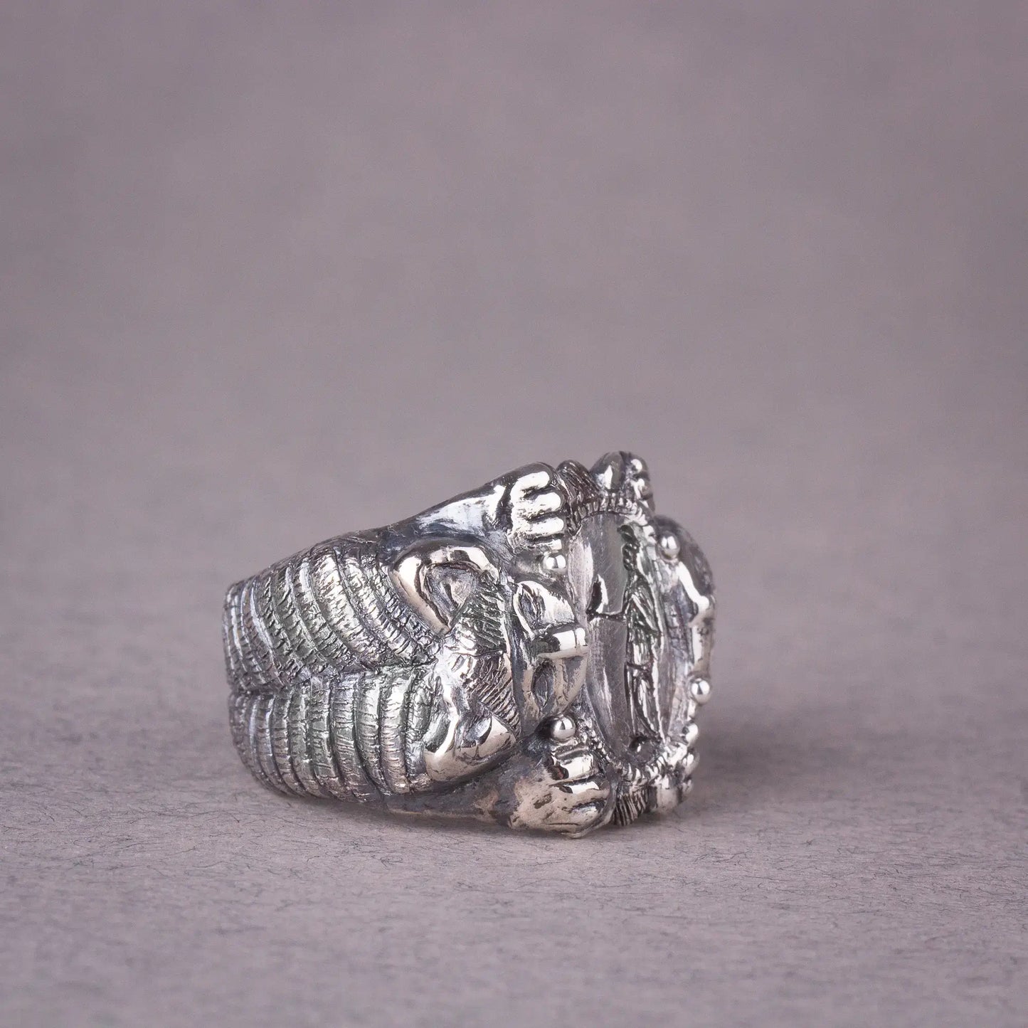 Roman Etruscan antique style sterling silver ring with lion motifs and goddess engraving, mythology unisex statement jewelry piece.