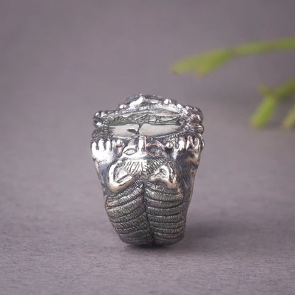 Roman Etruscan antique sterling silver signet ring with lions and goddess engraving, handmade artisan unisex mythology statement jewelry.