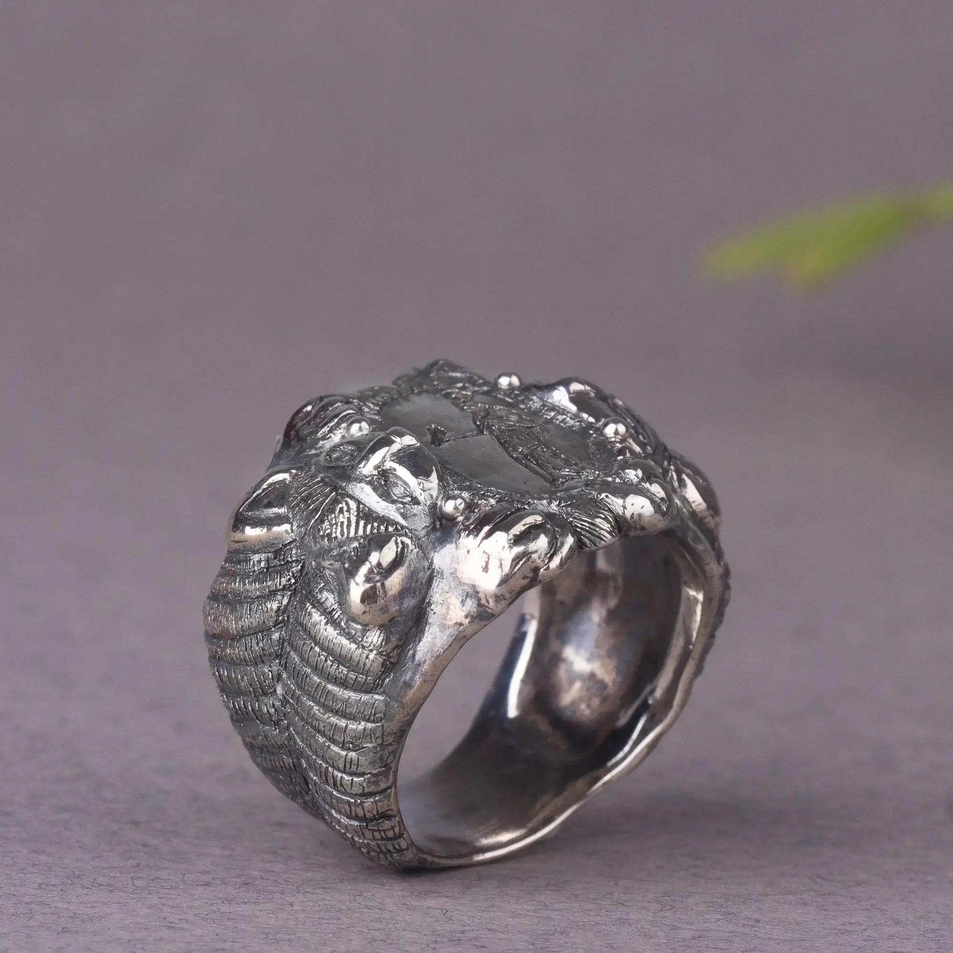 Sterling silver Roman Etruscan antique style ring with lion details and goddess engraving, handmade artisan statement piece.