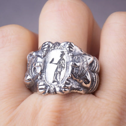 Roman Etruscan Antique Style Sterling Silver Signet Ring with Lions and Goddess Design