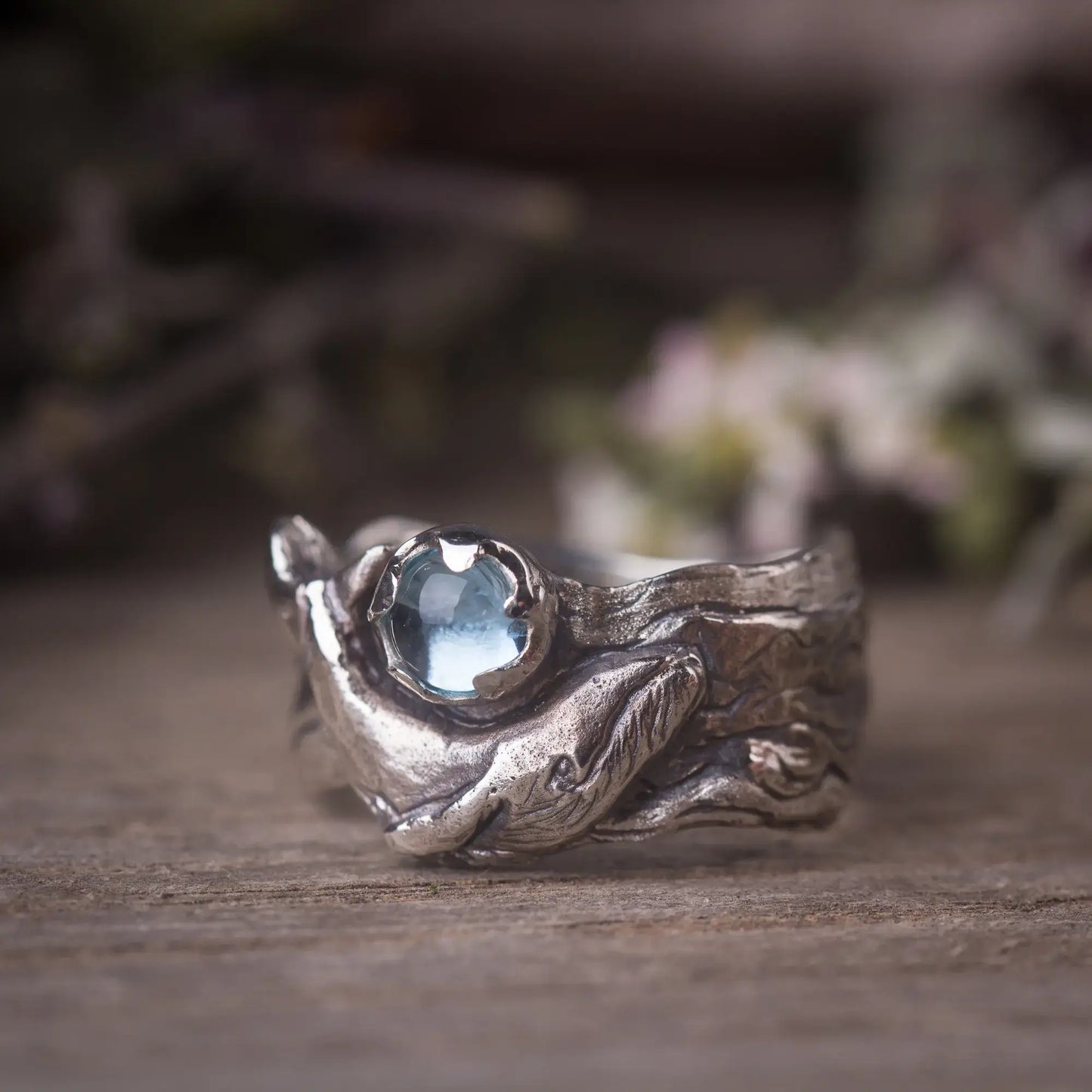 Sterling silver humpback whale ring with blue topaz gemstone and wide band, ocean nautical statement ring.