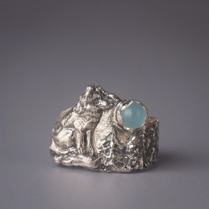 Wolf Ring in Silver with aquamarine Gemstone, Forest Wild Animal Jewelry