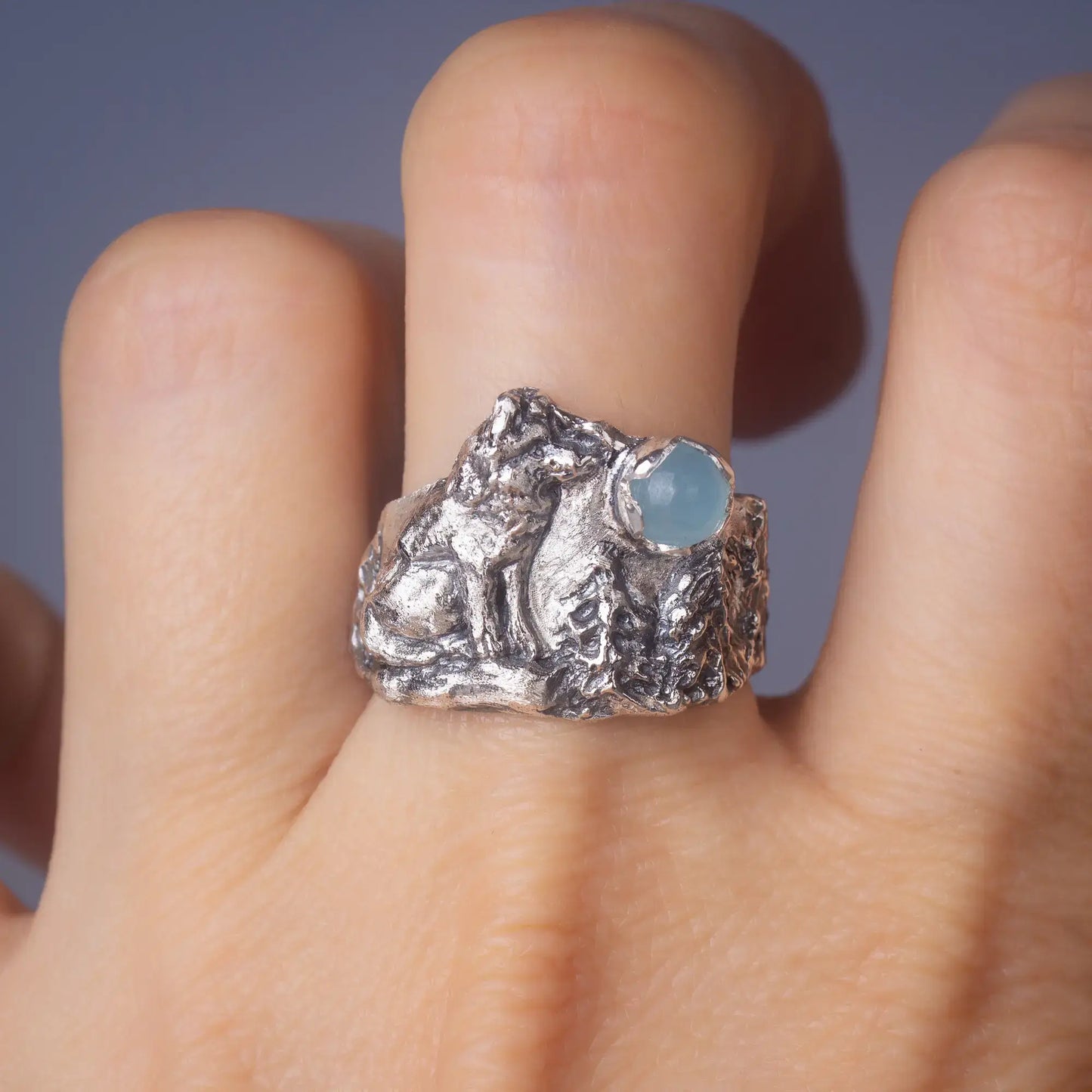  wolf ring in silver with aquamarine Gemstone back view worn on finger