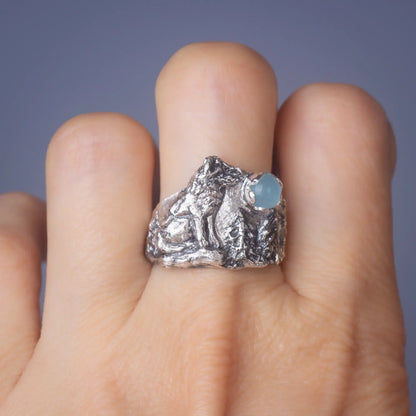  wolf ring in silver with aquamarine Gemstone back view worn on finger