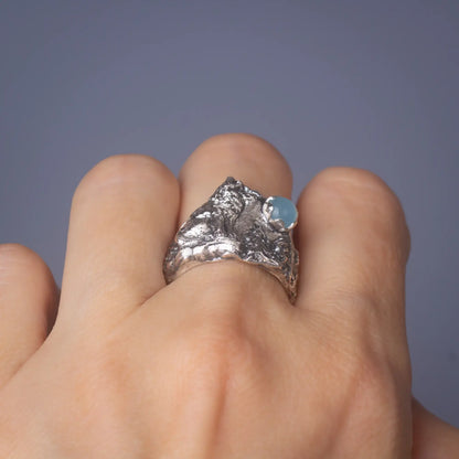  wolf ring in silver with aquamarine Gemstone back view worn on finger