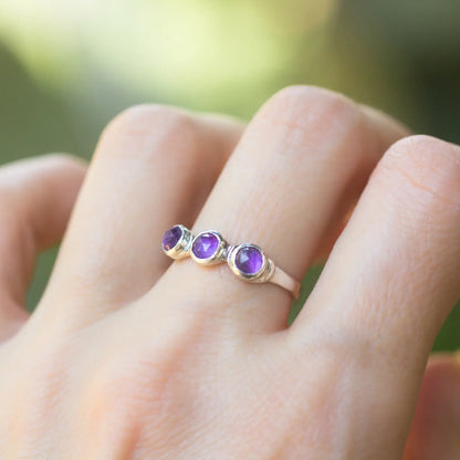 Handmade Sterling Silver Amethyst Ring, Triple Gemstone, February Birthstone