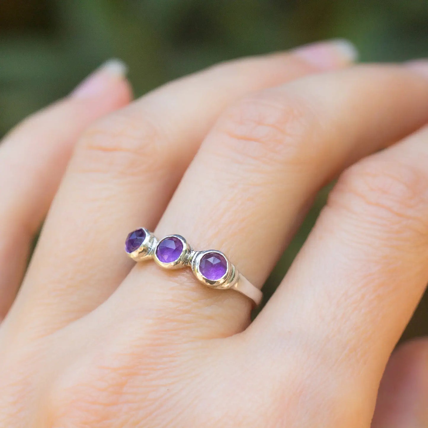 Handmade Sterling Silver Amethyst Ring, Triple Gemstone, February Birthstone