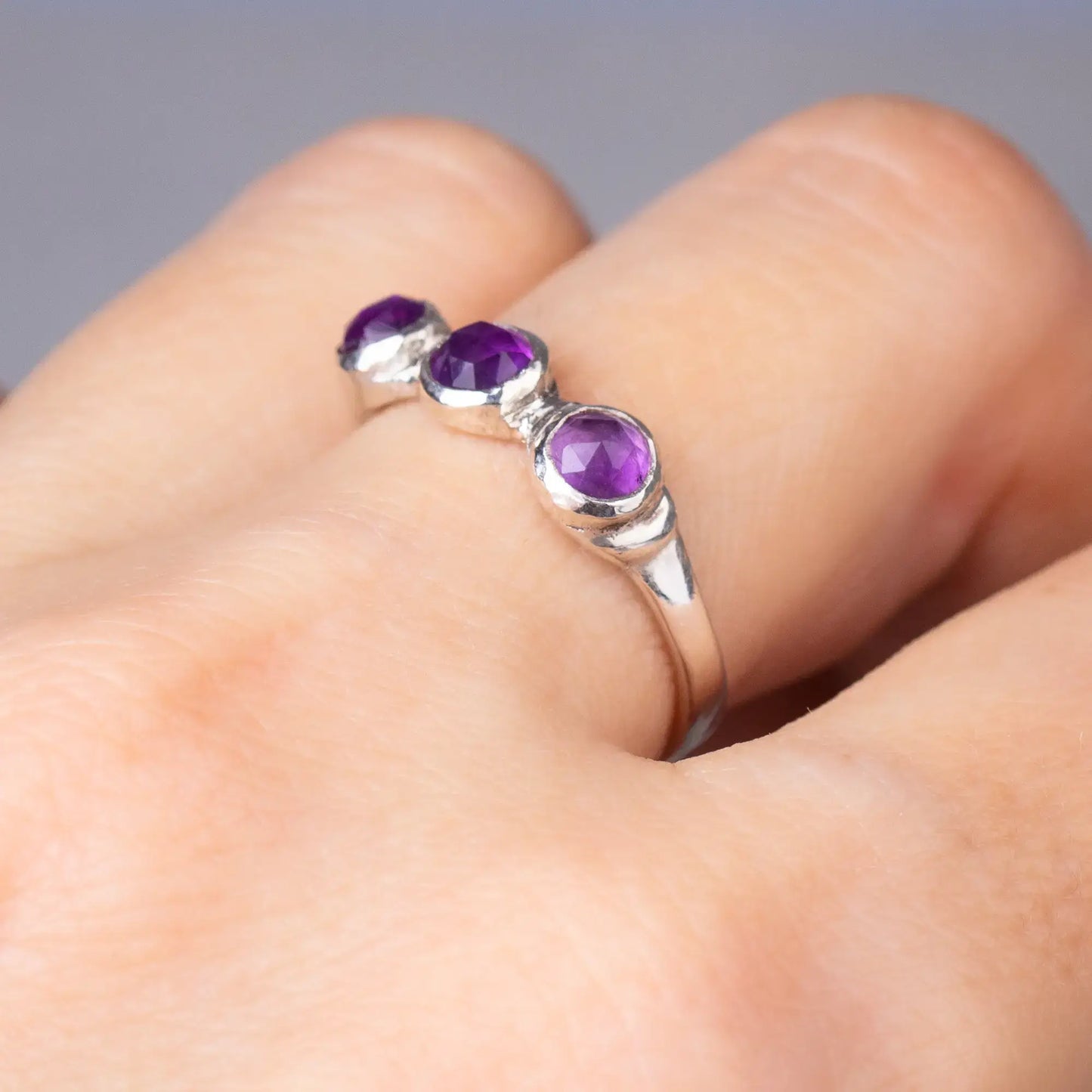 Handmade Sterling Silver Amethyst Ring, Triple Gemstone Dainty Design, February Birthstone