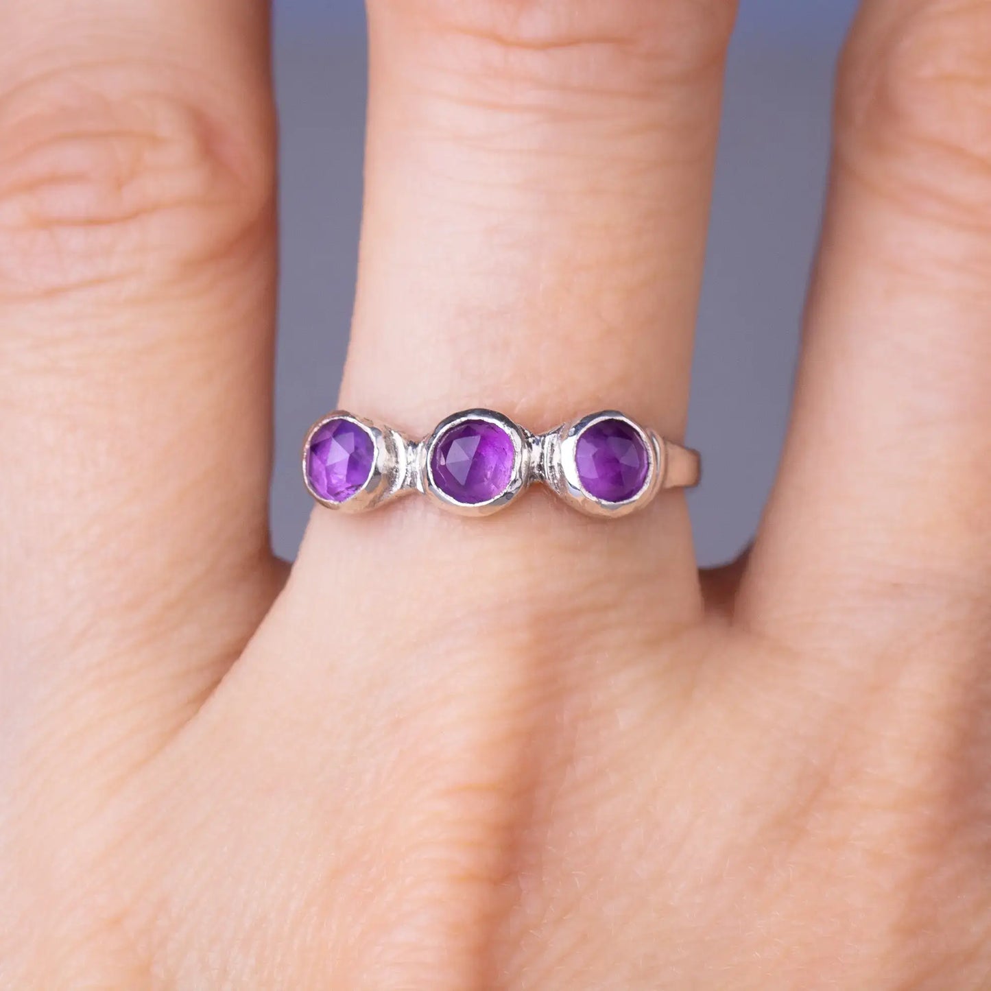 Handmade Sterling Silver Amethyst Ring, Triple Gemstone Dainty Design, worn on finger