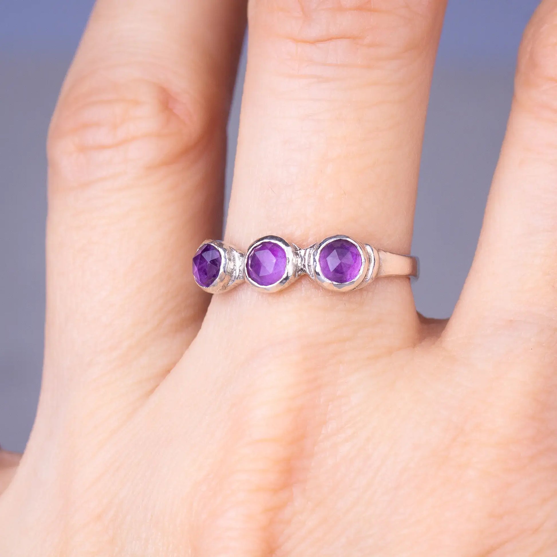  Handmade Sterling Silver Amethyst Ring, Triple Gemstone Dainty Design, worn on finger