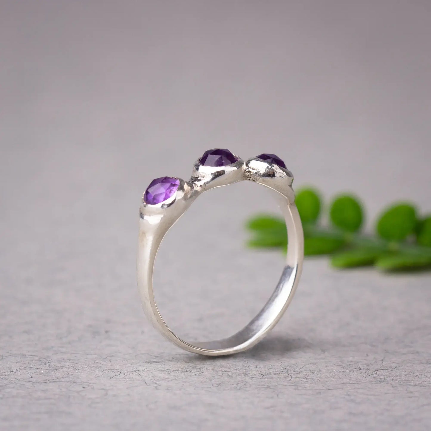 3 gemstones amethyst ring in silver