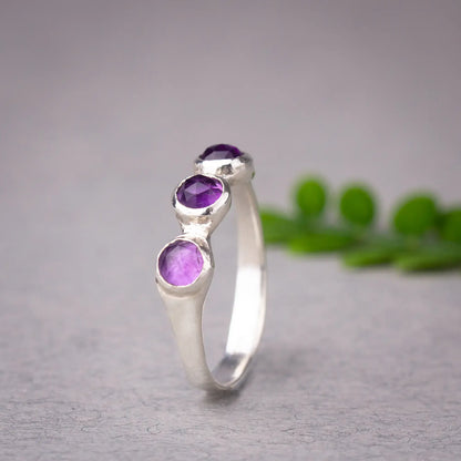 Triple Gemstone Dainty Design, Handmade Sterling Silver Amethyst Ring