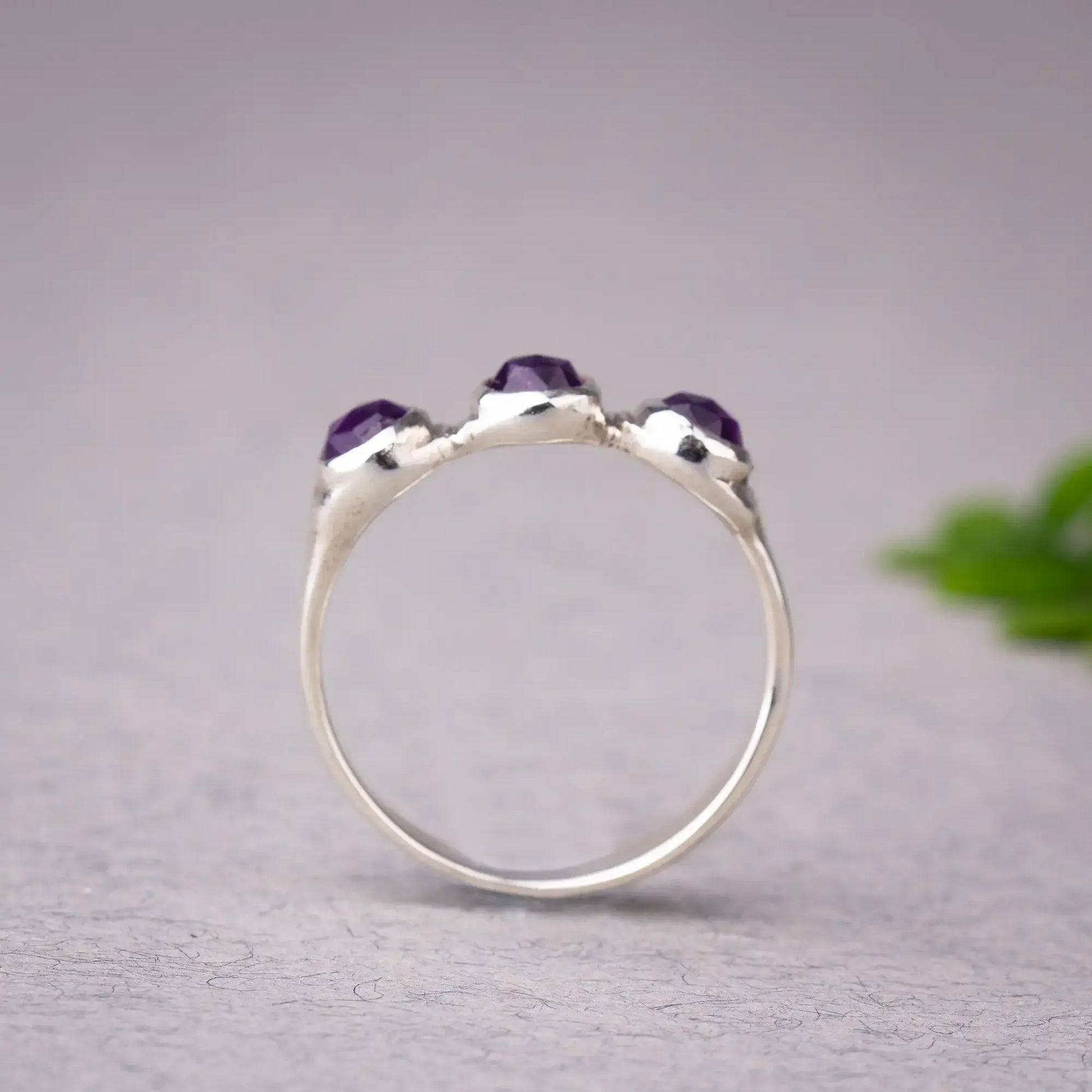 Triple Gemstone Dainty Design, Handmade Sterling Silver Amethyst Ring front view