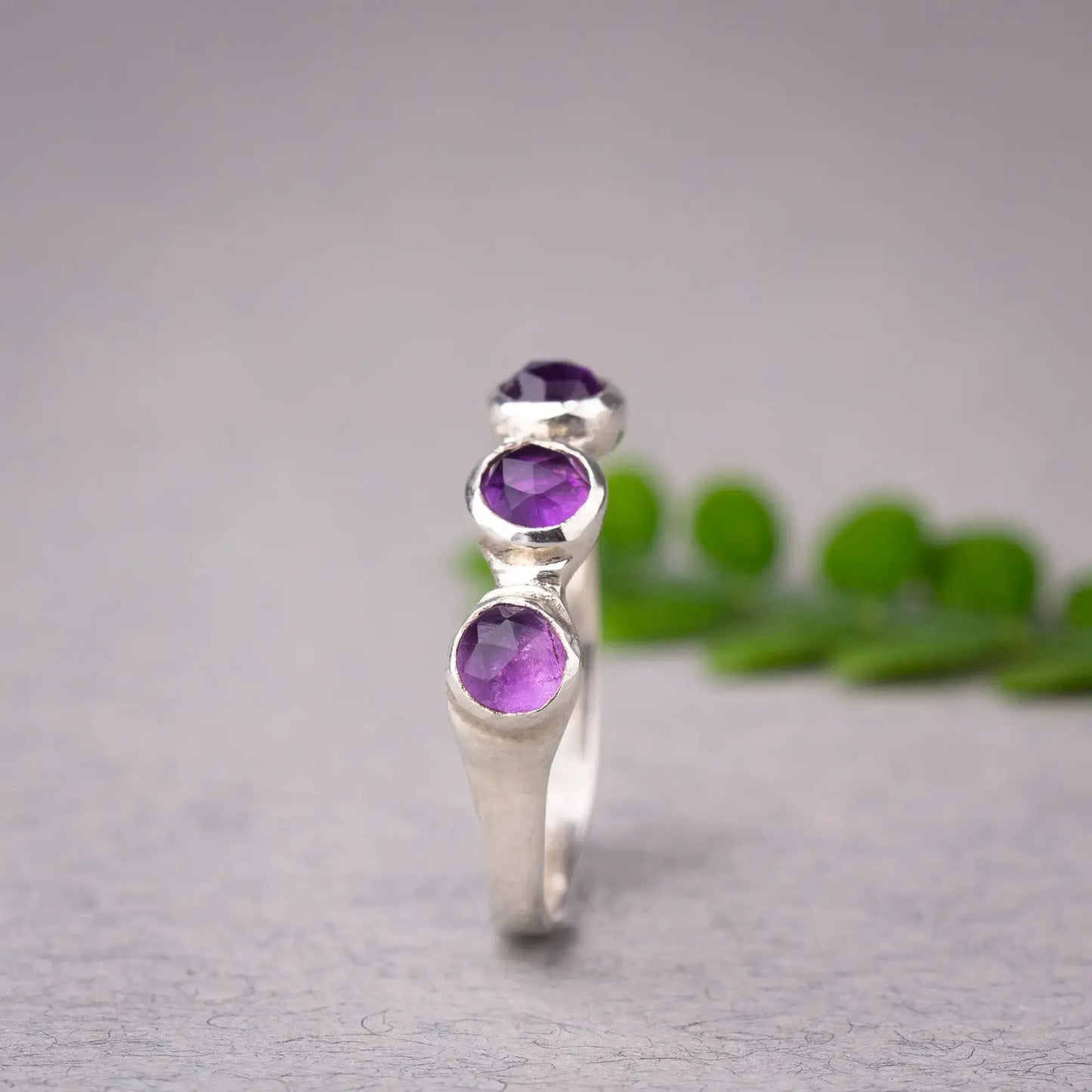 Handmade Sterling Silver Amethyst Ring, Triple Gemstone, February Birthstone