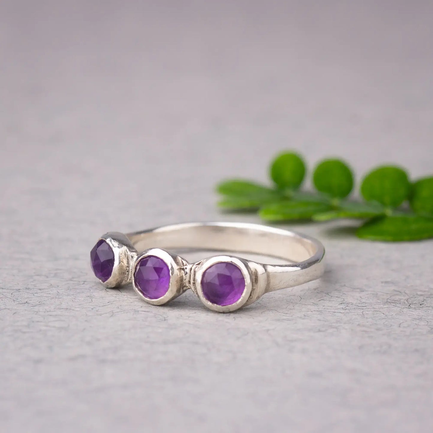 Handmade Sterling Silver Amethyst Ring, Triple Gemstone, February Birthstone