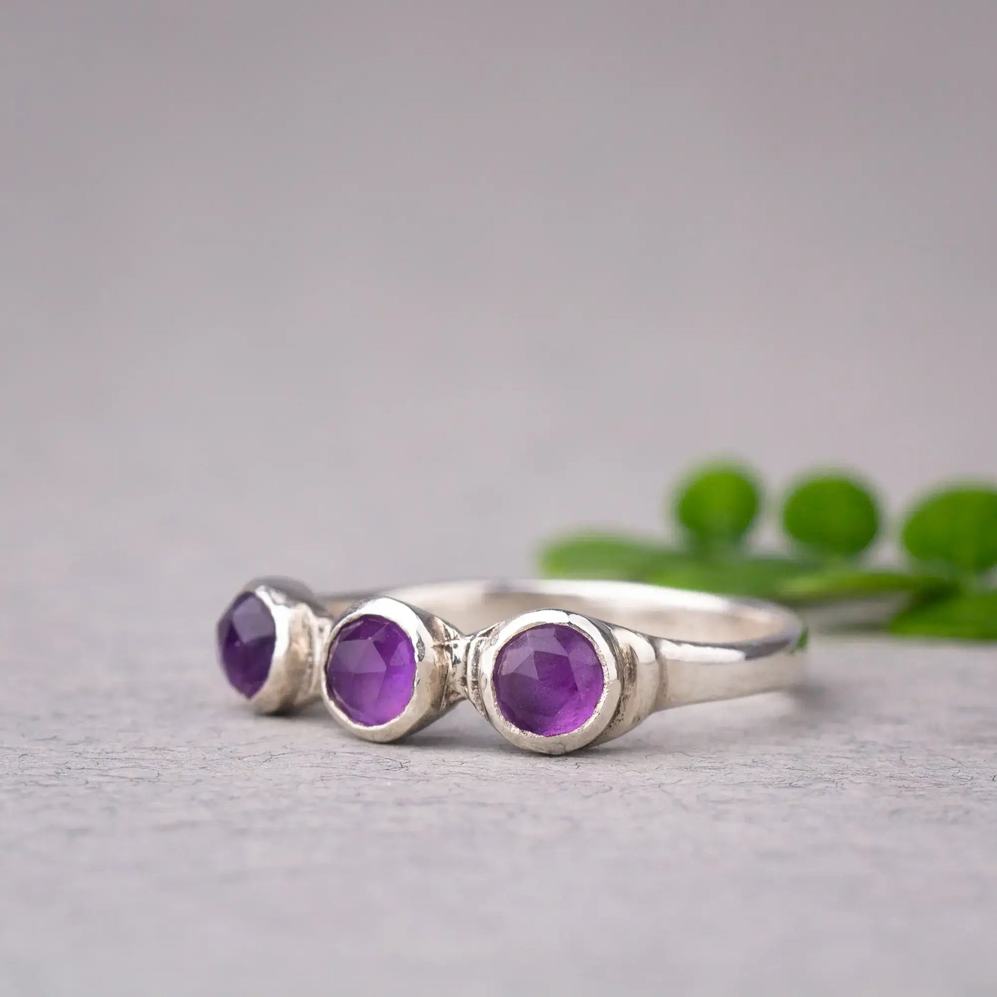 Handmade Sterling Silver Amethyst Ring, Triple Gemstone, February Birthstone