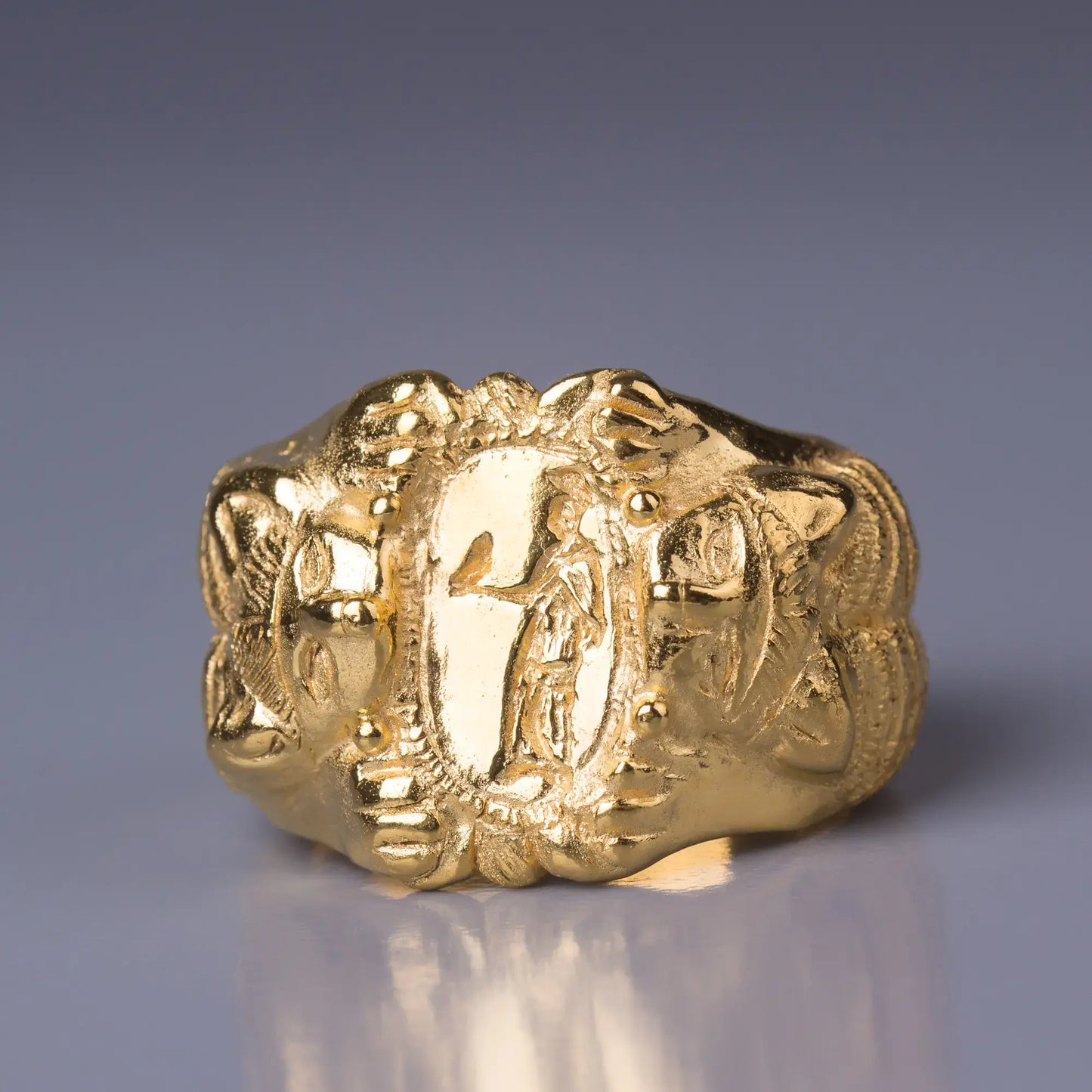 14k Gold Ancient Seal Ring, Etruscan-Inspired Goddess Signet Ring front view