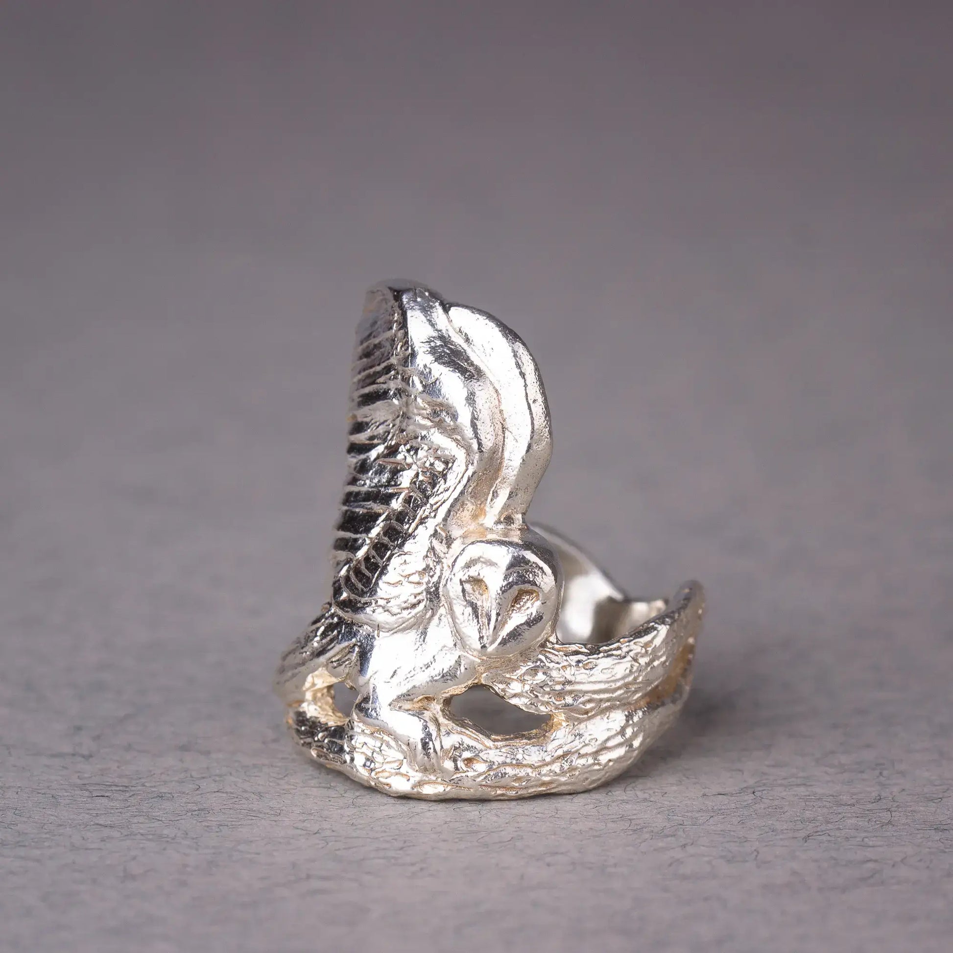 Sterling silver barn owl ring, handcrafted statement piece featuring bird and nature elements, witchy woodland jewelry.