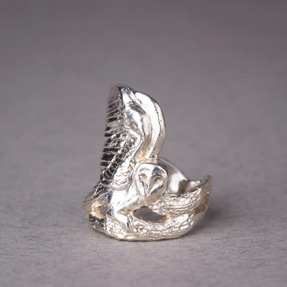 Sterling silver barn owl ring, handcrafted statement piece featuring bird and nature elements, witchy woodland jewelry.