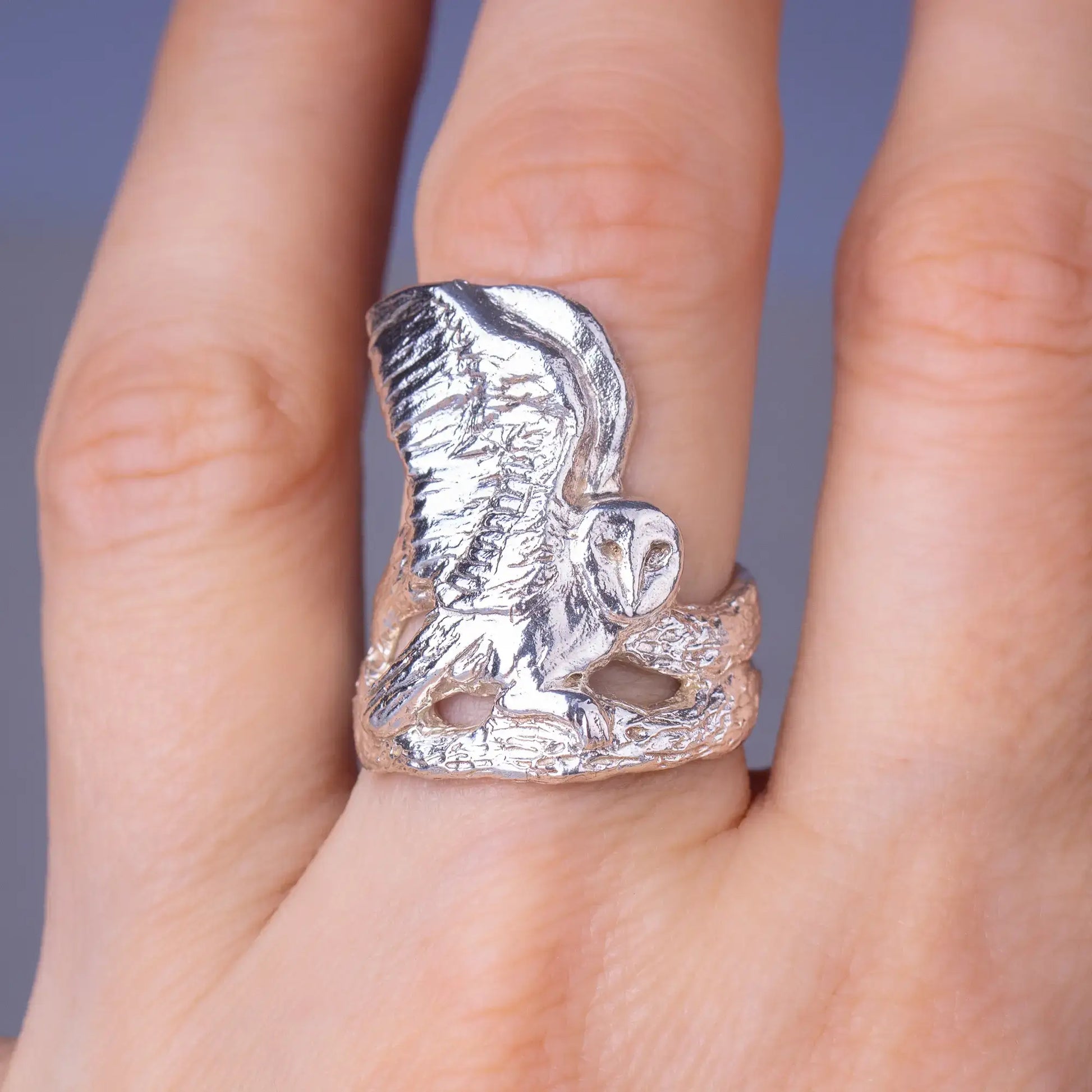 Sterling silver barn owl ring with bird design, nature-inspired statement jewelry for men and women, handcrafted woodland piece