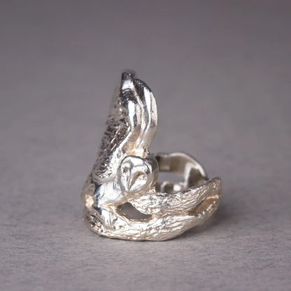 Sterling silver barn owl ring featuring an intricate bird design, perfect as a nature, woodland, or spirit animal statement piece.