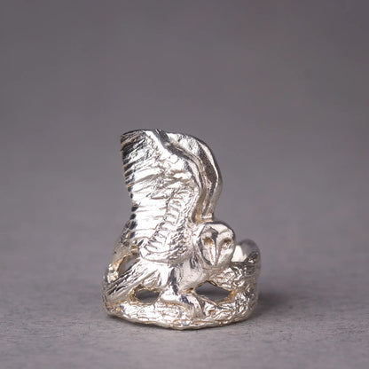 Sterling silver barn owl ring, handcrafted nature jewelry with bird design.